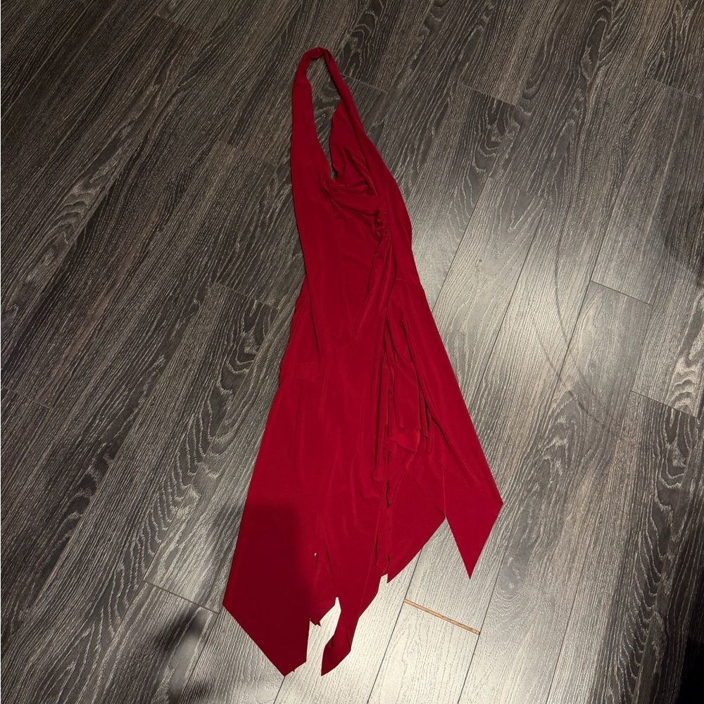 Vintage 90s Red Halter Dress with Plunge Neck and Layered Asymmetrical Hem